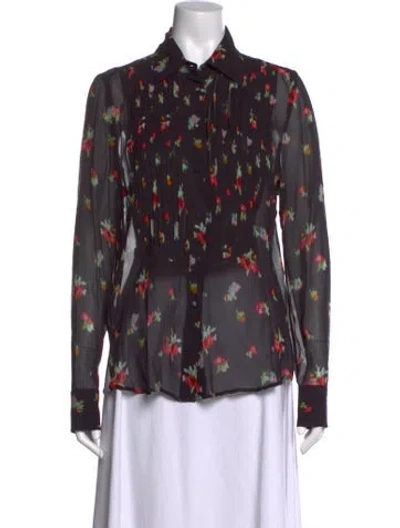 Pre-owned Hill House Home Floral Print Long Sleeve Blouse In Black
