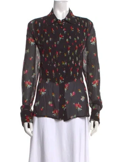 Pre-owned Hill House Home Floral Print Long Sleeve Blouse In Black