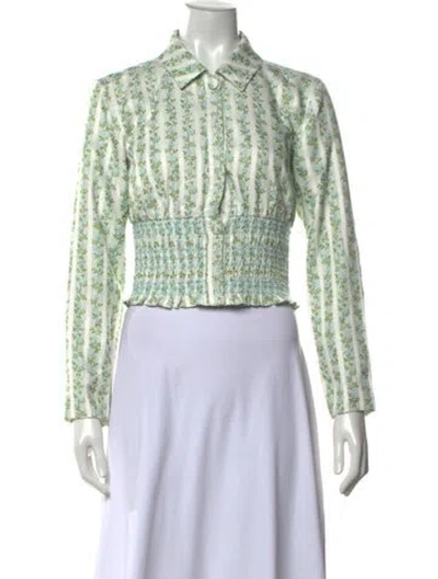 Pre-owned Hill House Home Floral Print Long Sleeve Blouse In Green
