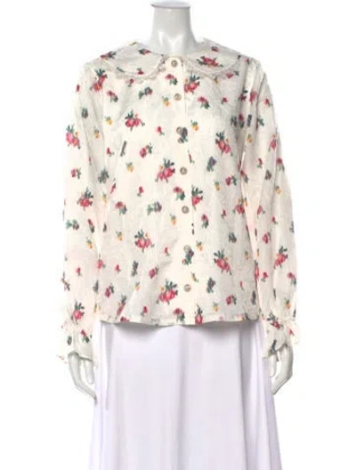 Pre-owned Hill House Home Floral Print Long Sleeve Blouse In White