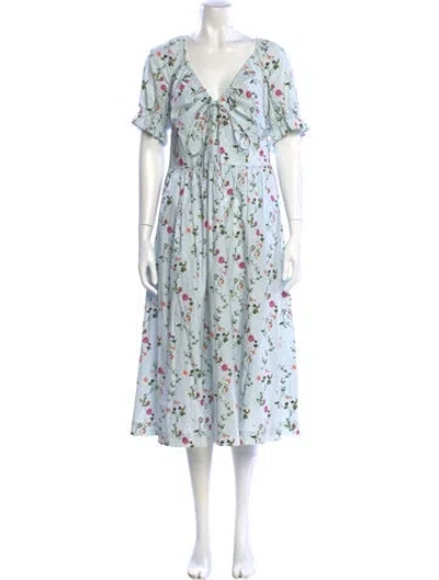Pre-owned Hill House Home Floral Print Midi Length Dress In Blue
