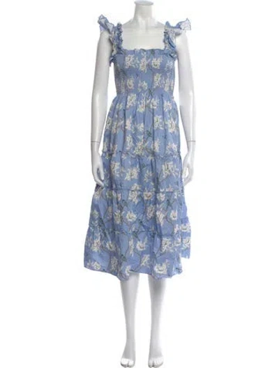 Pre-owned Hill House Home Floral Print Midi Length Dress In Blue