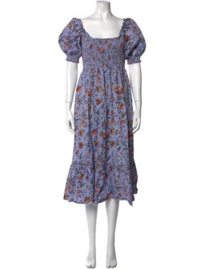 Pre-owned Hill House Home Floral Print Midi Length Dress In Blue