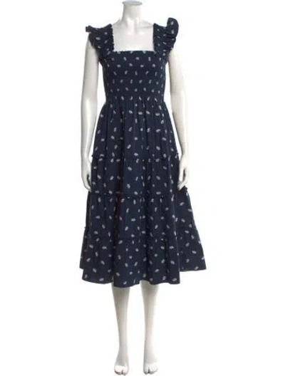 Pre-owned Hill House Home Floral Print Midi Length Dress In Blue