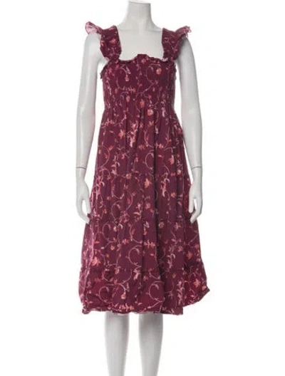 Pre-owned Hill House Home Floral Print Midi Length Dress In Burgundy