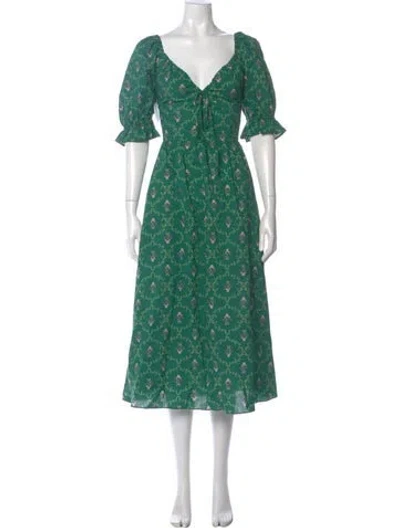 Pre-owned Hill House Home Floral Print Midi Length Dress In Green