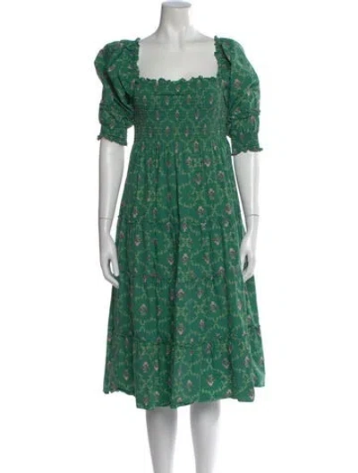 Pre-owned Hill House Home Floral Print Midi Length Dress In Green