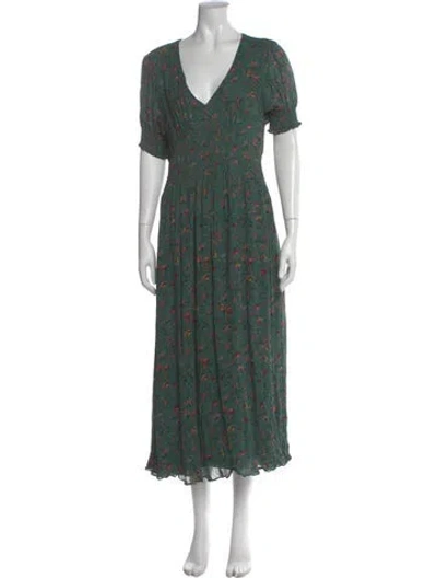 Pre-owned Hill House Home Floral Print Midi Length Dress In Green