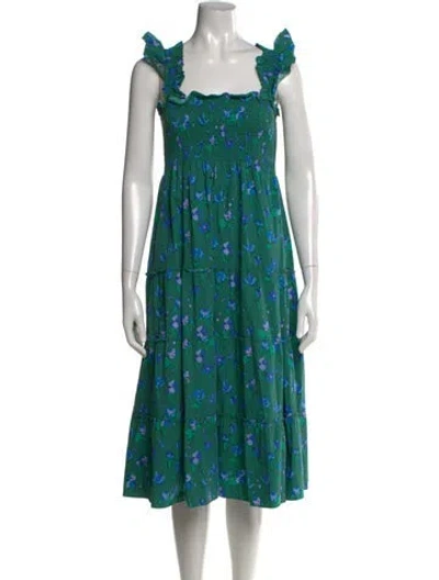 Pre-owned Hill House Home Floral Print Midi Length Dress In Green