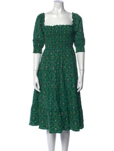 Pre-owned Hill House Home Floral Print Midi Length Dress In Green