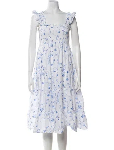 Pre-owned Hill House Home Floral Print Midi Length Dress In White