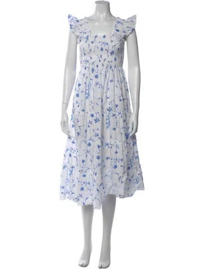 Pre-owned Hill House Home Floral Print Midi Length Dress In White