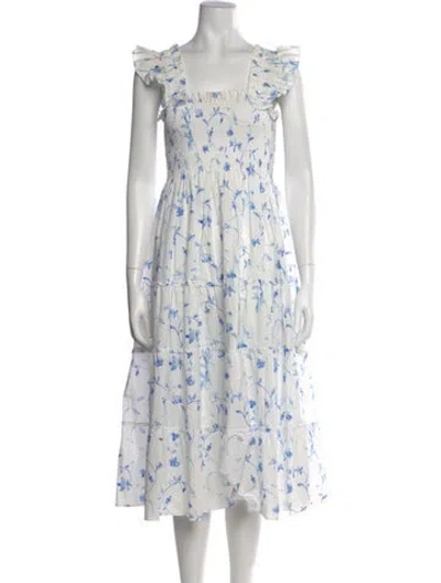 Pre-owned Hill House Home Floral Print Midi Length Dress In White