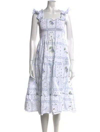 Pre-owned Hill House Home Floral Print Midi Length Dress In White