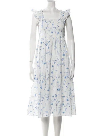 Pre-owned Hill House Home Floral Print Midi Length Dress In White