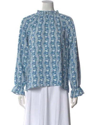 Pre-owned Hill House Home Floral Print Mock Neck Blouse In Blue