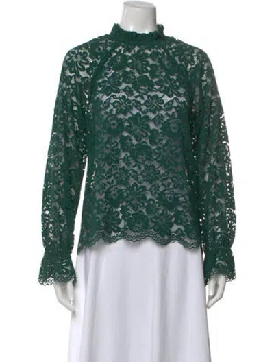 Pre-owned Hill House Home Floral Print Mock Neck Blouse In Green