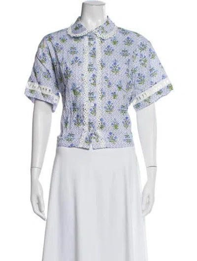 Pre-owned Hill House Home Floral Print Short Sleeve Blouse In Blue