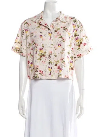 Pre-owned Hill House Home Floral Print Short Sleeve Blouse In Pink