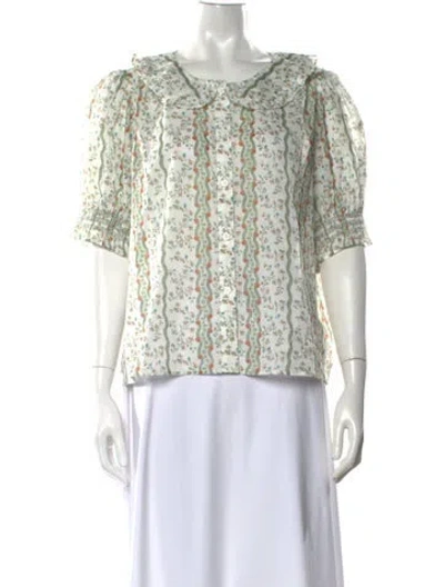 Pre-owned Hill House Home Floral Print Short Sleeve Blouse W/ Tags In Green