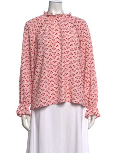 Pre-owned Hill House Home Floral Print Tie Neck Blouse In Pink