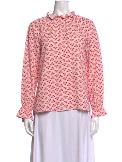 Pre-owned Hill House Home Floral Print Tie Neck Blouse In Pink