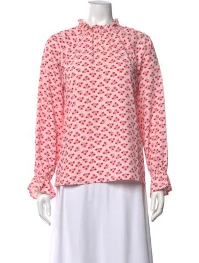 Pre-owned Hill House Home Floral Print Tie Neck Blouse In Pink