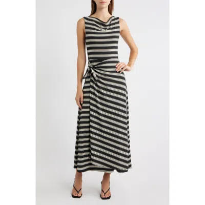 Hill House Home Jayne Rope Stripe Sleeveless Faux Wrap Midi Dress In Black