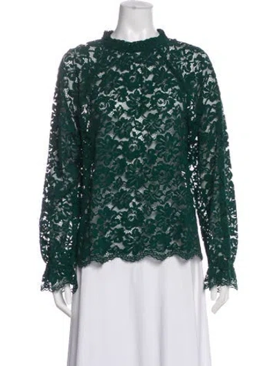 Pre-owned Hill House Home Lace Pattern Mock Neck Blouse In Green