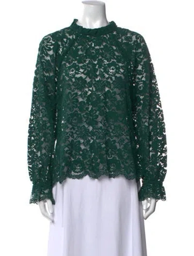 Pre-owned Hill House Home Lace Pattern Mock Neck Blouse In Green