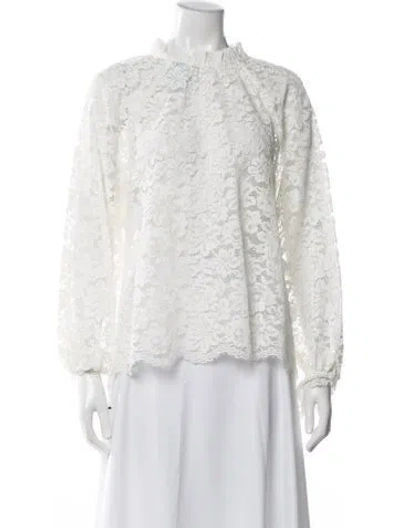 Pre-owned Hill House Home Lace Pattern Mock Neck Blouse In White
