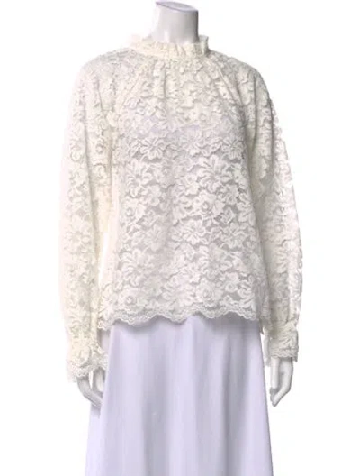 Pre-owned Hill House Home Lace Pattern Mock Neck Blouse In White