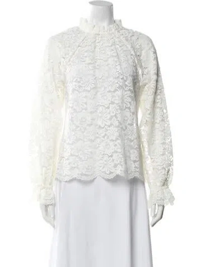 Pre-owned Hill House Home Lace Pattern Mock Neck Blouse In White