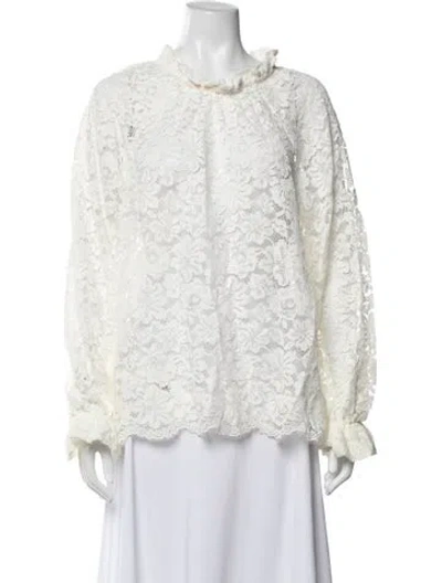 Pre-owned Hill House Home Lace Pattern Tie Neck Blouse In White