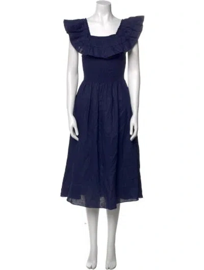 Pre-owned Hill House Home Linen Midi Length Dress In Blue