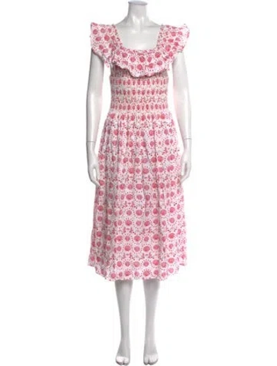 Pre-owned Hill House Home Linen Midi Length Dress In Pink/white