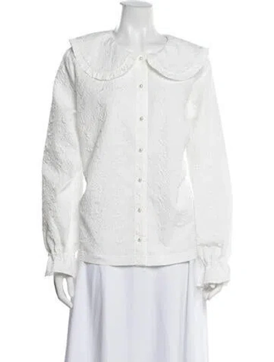 Pre-owned Hill House Home Patterned Long Sleeve Blouse In White