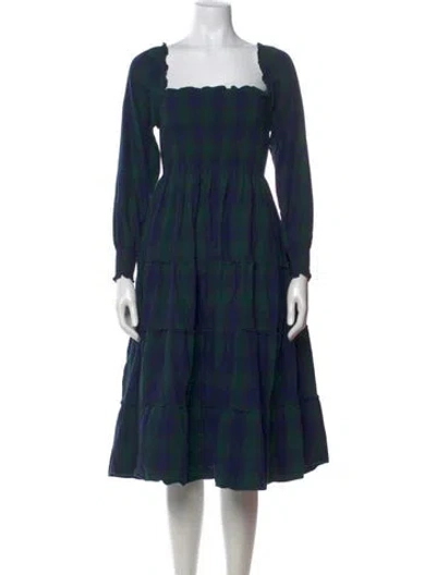Pre-owned Hill House Home Plaid Print Knee-length Dress In Blue