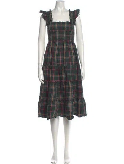 Pre-owned Hill House Home Plaid Print Knee-length Dress In Green