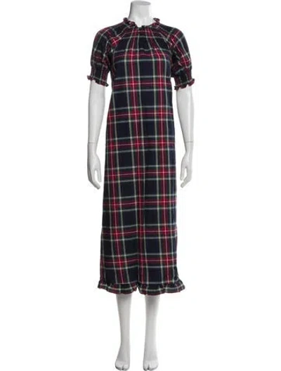 Pre-owned Hill House Home Plaid Print Long Dress In Blue