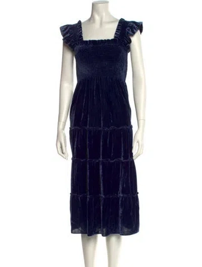 Pre-owned Hill House Home Plaid Print Midi Length Dress In Blue