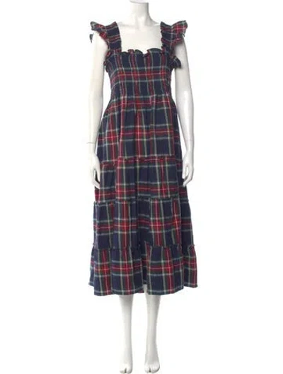 Pre-owned Hill House Home Plaid Print Midi Length Dress In Blue