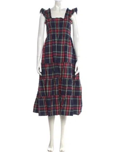 Pre-owned Hill House Home Plaid Print Midi Length Dress In Blue