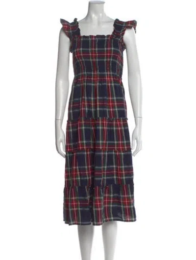 Pre-owned Hill House Home Plaid Print Midi Length Dress In Blue