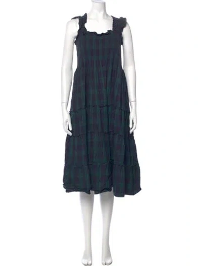 Pre-owned Hill House Home Plaid Print Midi Length Dress In Green