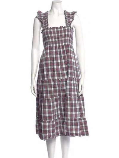 Pre-owned Hill House Home Plaid Print Midi Length Dress In Red