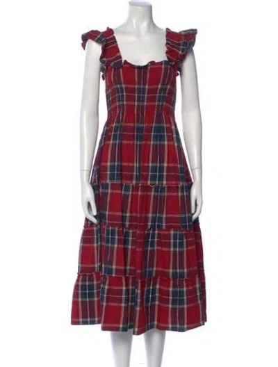 Pre-owned Hill House Home Plaid Print Midi Length Dress In Red