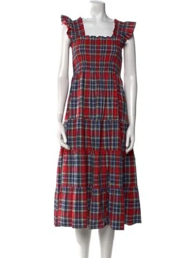 Pre-owned Hill House Home Plaid Print Midi Length Dress In Red