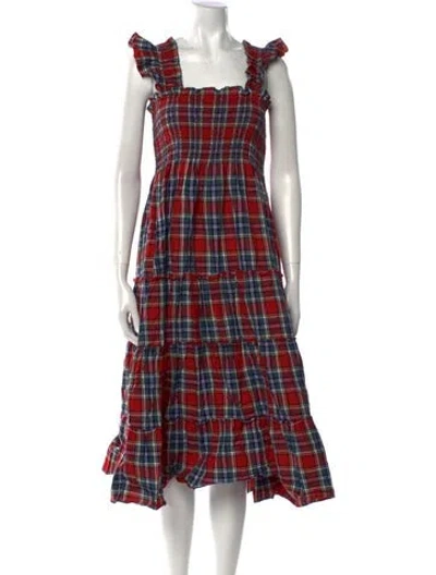 Pre-owned Hill House Home Plaid Print Midi Length Dress In Red
