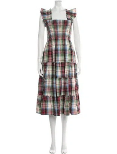 Pre-owned Hill House Home Plaid Print Midi Length Dress In Red